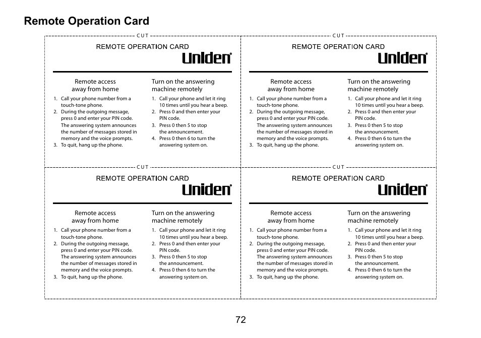 Remote operation card | Uniden DCT758 User Manual | Page 73 / 76