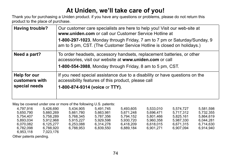 At uniden, we’ll take care of you | Uniden DCT758 User Manual | Page 75 / 76