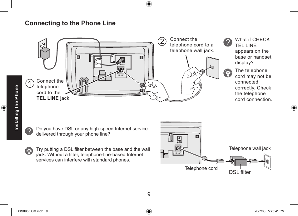 Connecting to the phone line | Uniden DSS8955+3 User Manual | Page 10 / 68
