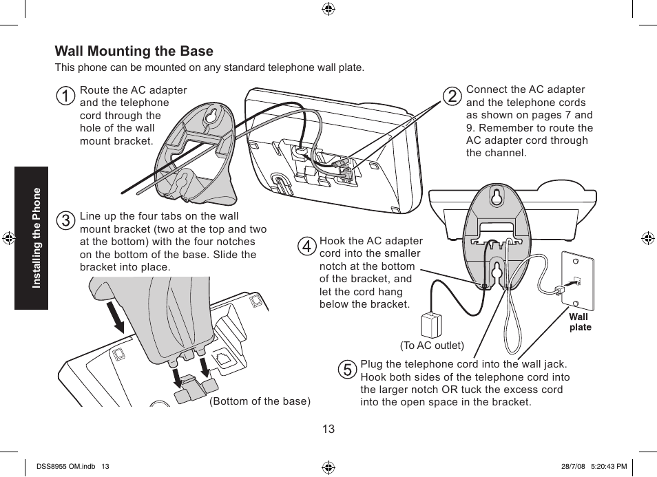 Wall mounting the base | Uniden DSS8955+3 User Manual | Page 14 / 68