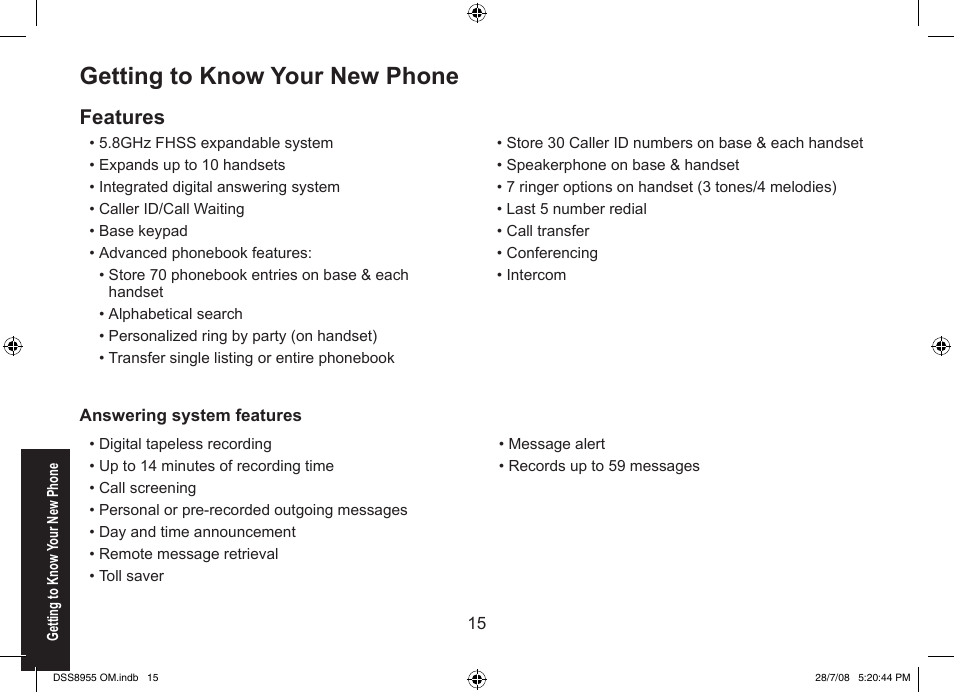 Getting to know your new phone, Features | Uniden DSS8955+3 User Manual | Page 16 / 68