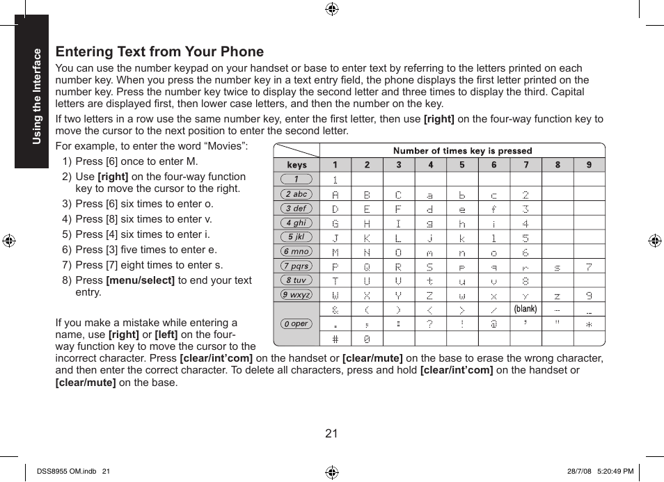 Entering text from your phone | Uniden DSS8955+3 User Manual | Page 22 / 68