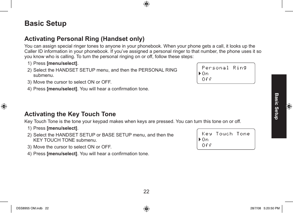Basic setup, Activating personal ring (handset only), Activating the key touch tone | Uniden DSS8955+3 User Manual | Page 23 / 68