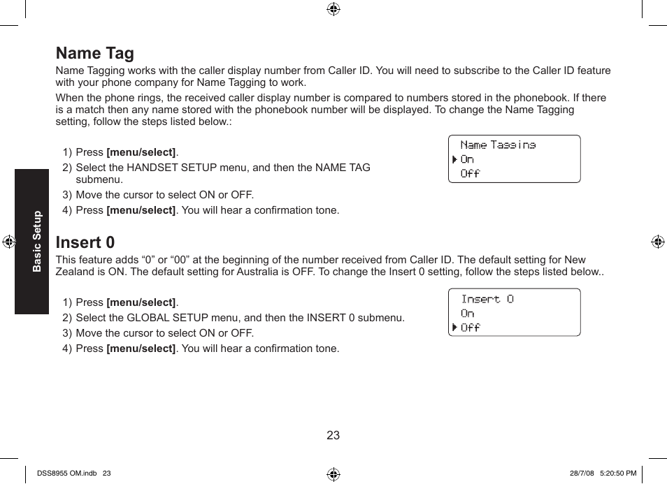 Name tag, Insert 0 | Uniden DSS8955+3 User Manual | Page 24 / 68