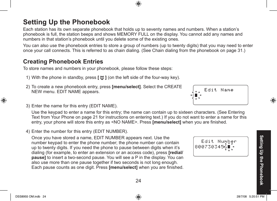 Setting up the phonebook, Creating phonebook entries | Uniden DSS8955+3 User Manual | Page 25 / 68