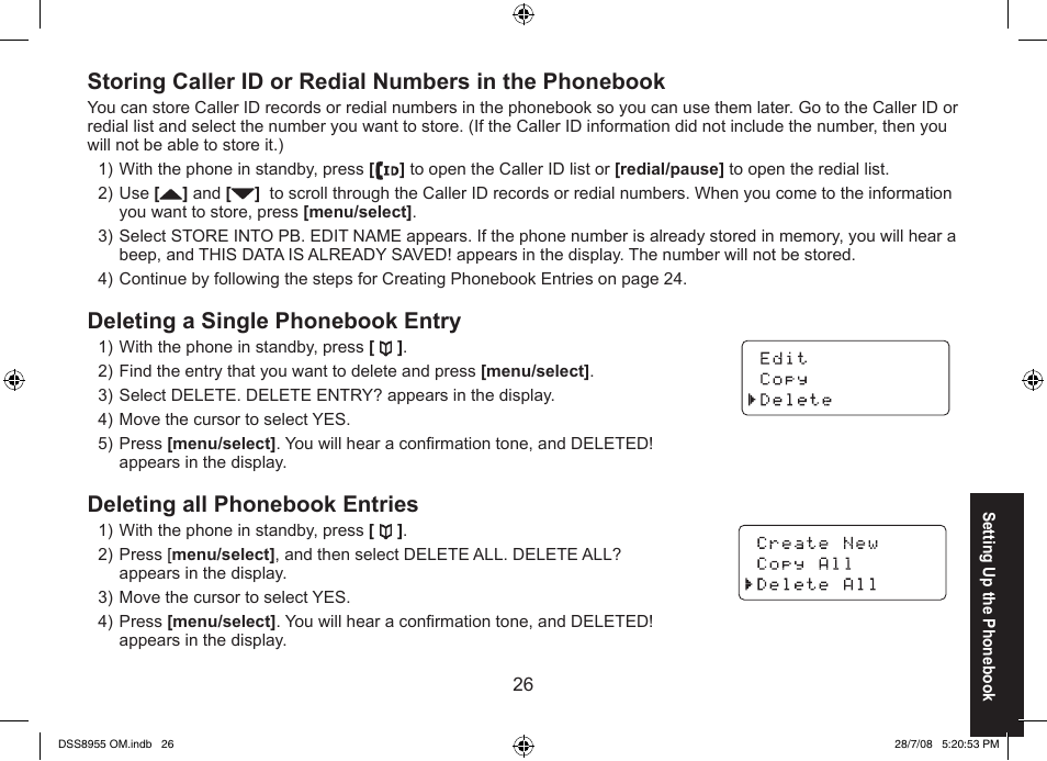 Deleting a single phonebook entry, Deleting all phonebook entries | Uniden DSS8955+3 User Manual | Page 27 / 68