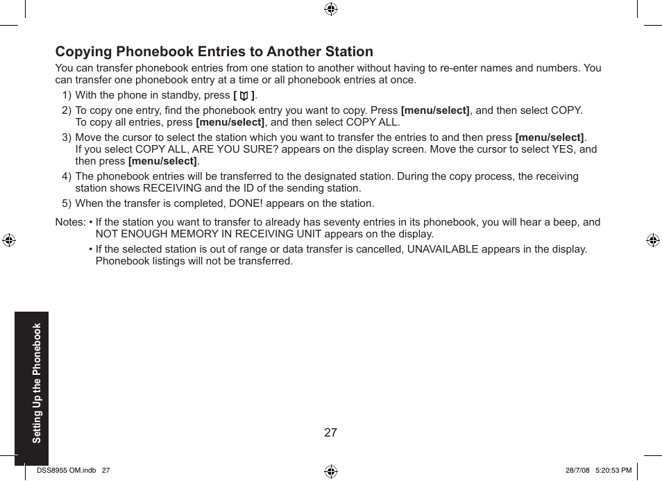 Copying phonebook entries to another station | Uniden DSS8955+3 User Manual | Page 28 / 68