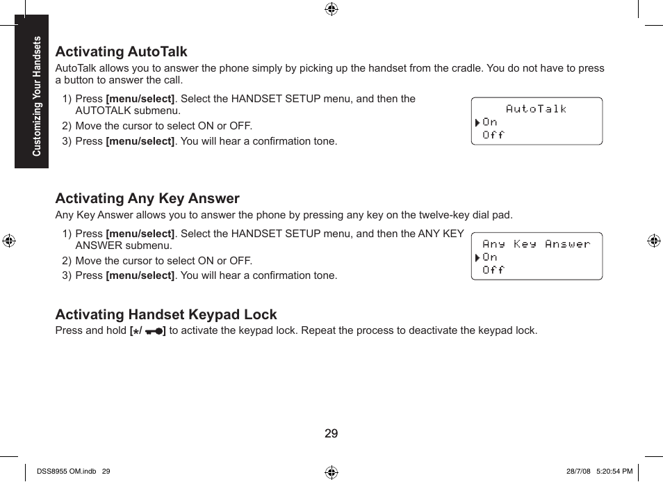 Activating autotalk, Activating any key answer, Activating handset keypad lock | Uniden DSS8955+3 User Manual | Page 30 / 68