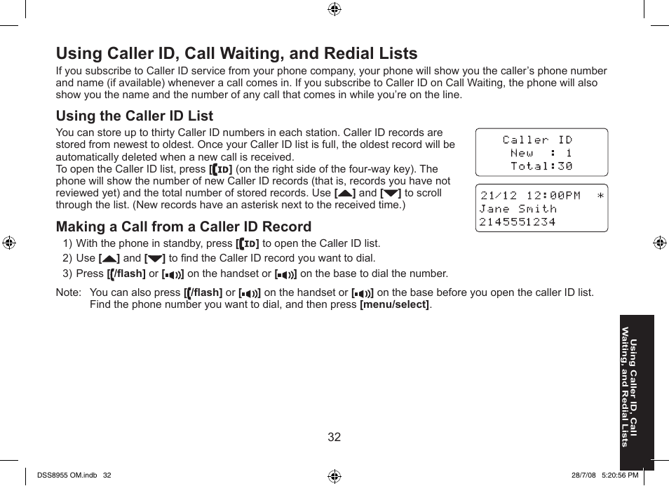 Using caller id, call waiting, and redial lists, Using the caller id list, Making a call from a caller id record | Uniden DSS8955+3 User Manual | Page 33 / 68