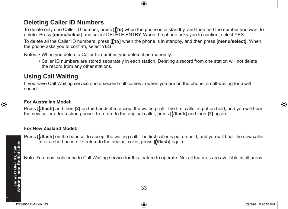 Deleting caller id numbers, Using call waiting | Uniden DSS8955+3 User Manual | Page 34 / 68