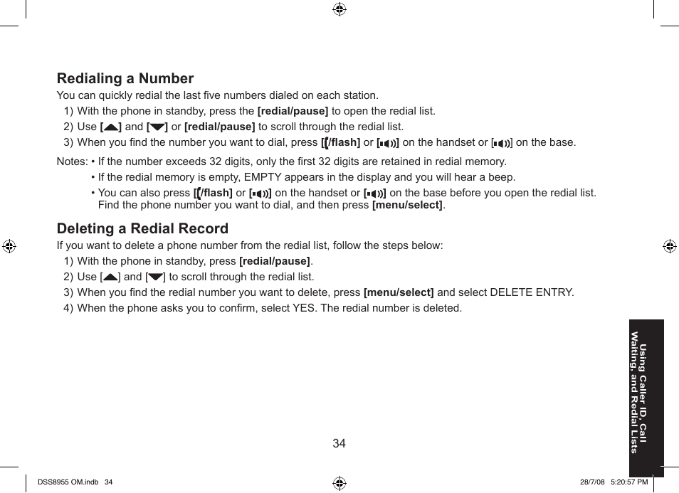 Redialing a number, Deleting a redial record | Uniden DSS8955+3 User Manual | Page 35 / 68