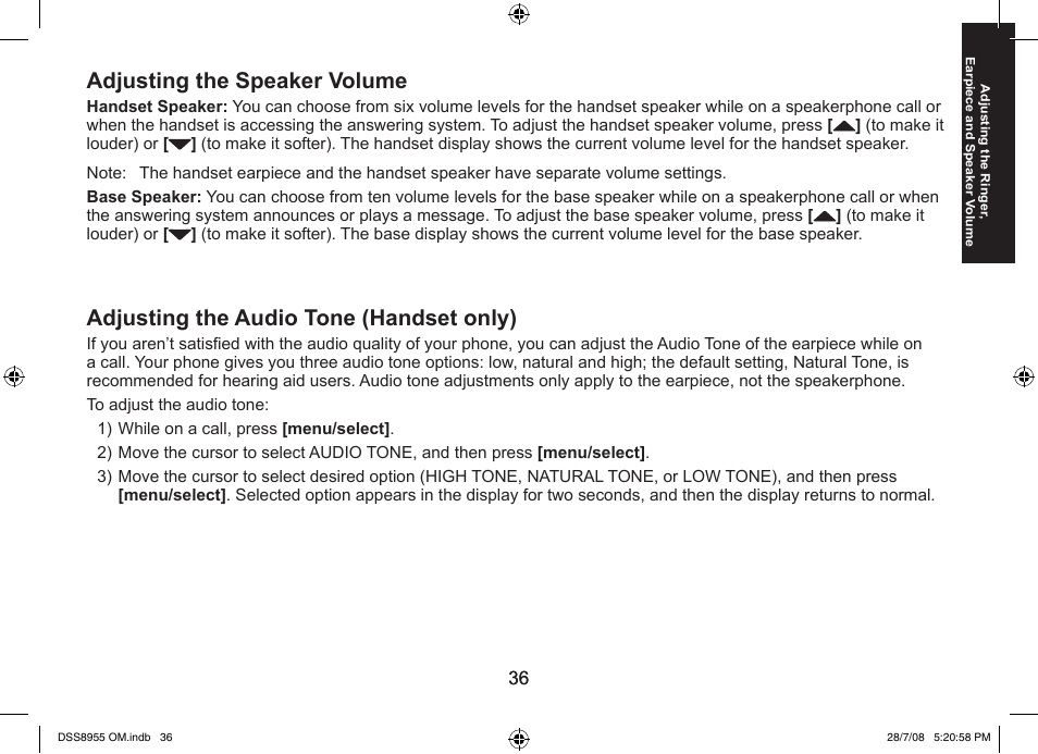 Adjusting the speaker volume, Adjusting the audio tone (handset only) | Uniden DSS8955+3 User Manual | Page 37 / 68