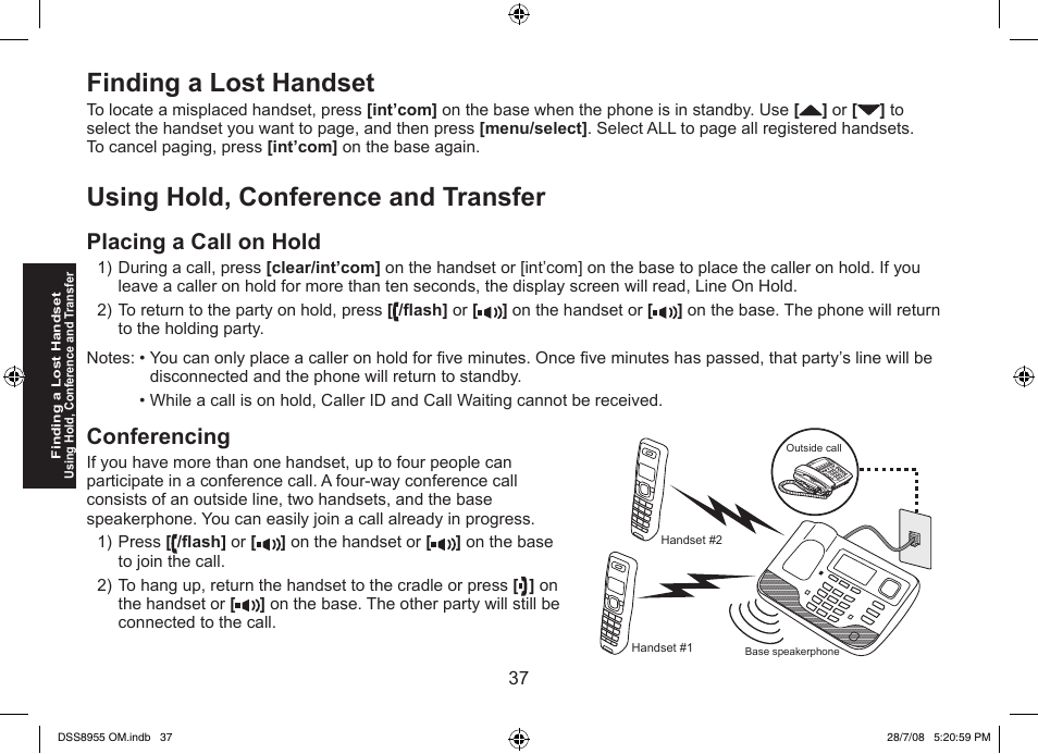Finding a lost handset, Using hold, conference and transfer, Placing a call on hold | Conferencing | Uniden DSS8955+3 User Manual | Page 38 / 68