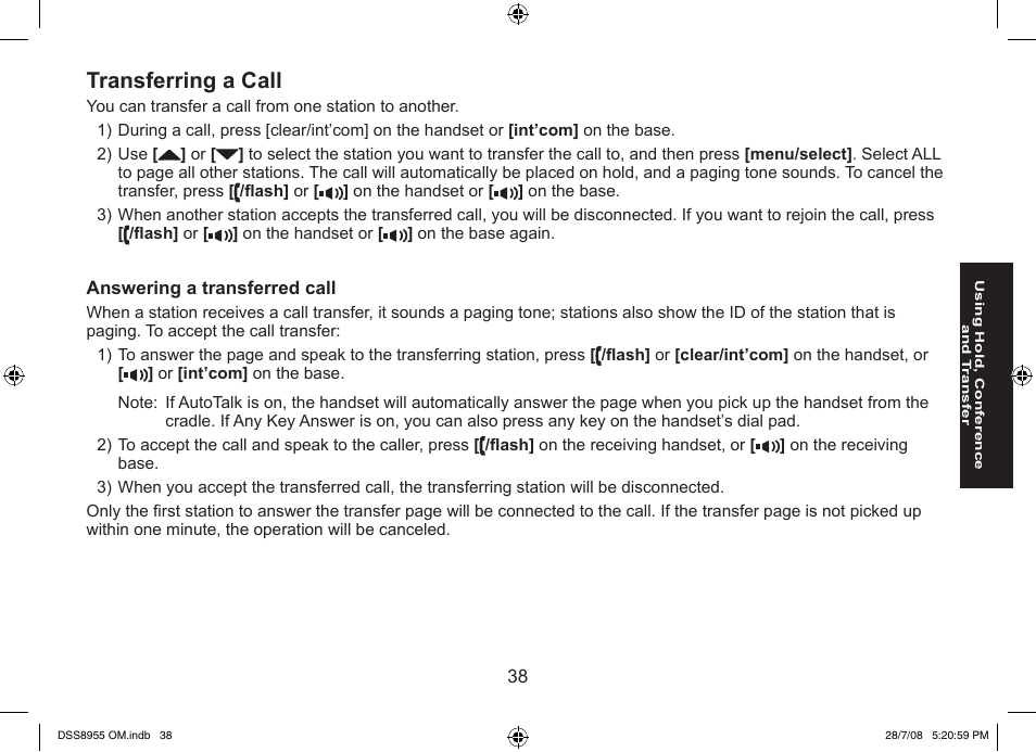 Transferring a call | Uniden DSS8955+3 User Manual | Page 39 / 68