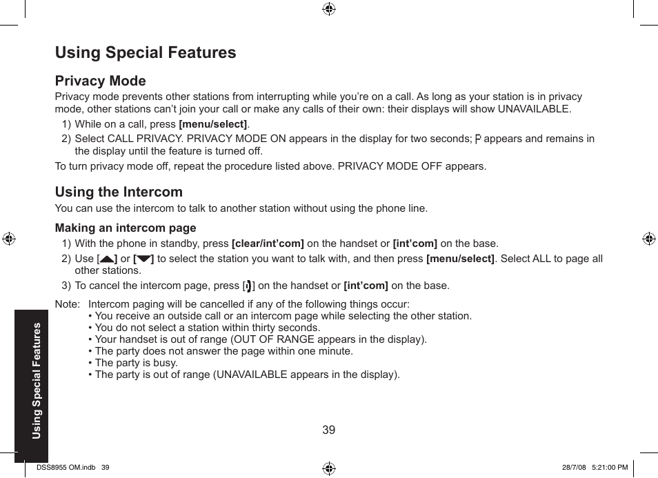 Using special features, Privacy mode, Using the intercom | Uniden DSS8955+3 User Manual | Page 40 / 68