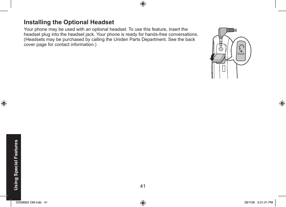 Installing the optional headset | Uniden DSS8955+3 User Manual | Page 42 / 68