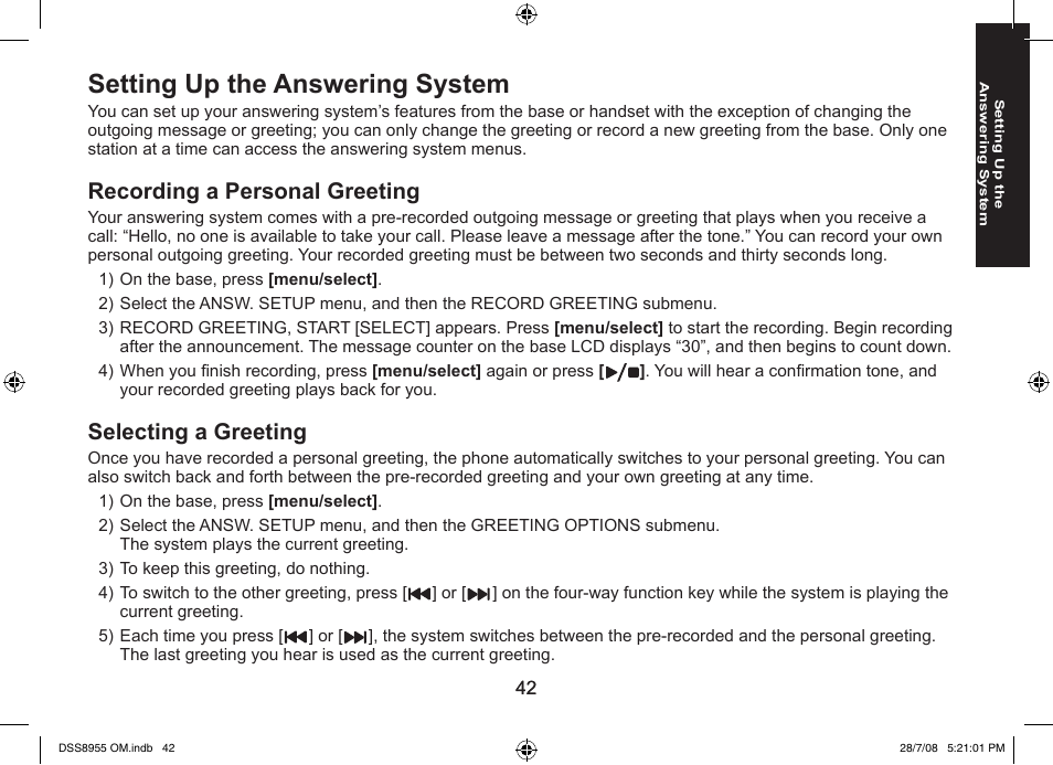 Setting up the answering system, Recording a personal greeting, Selecting a greeting | Uniden DSS8955+3 User Manual | Page 43 / 68