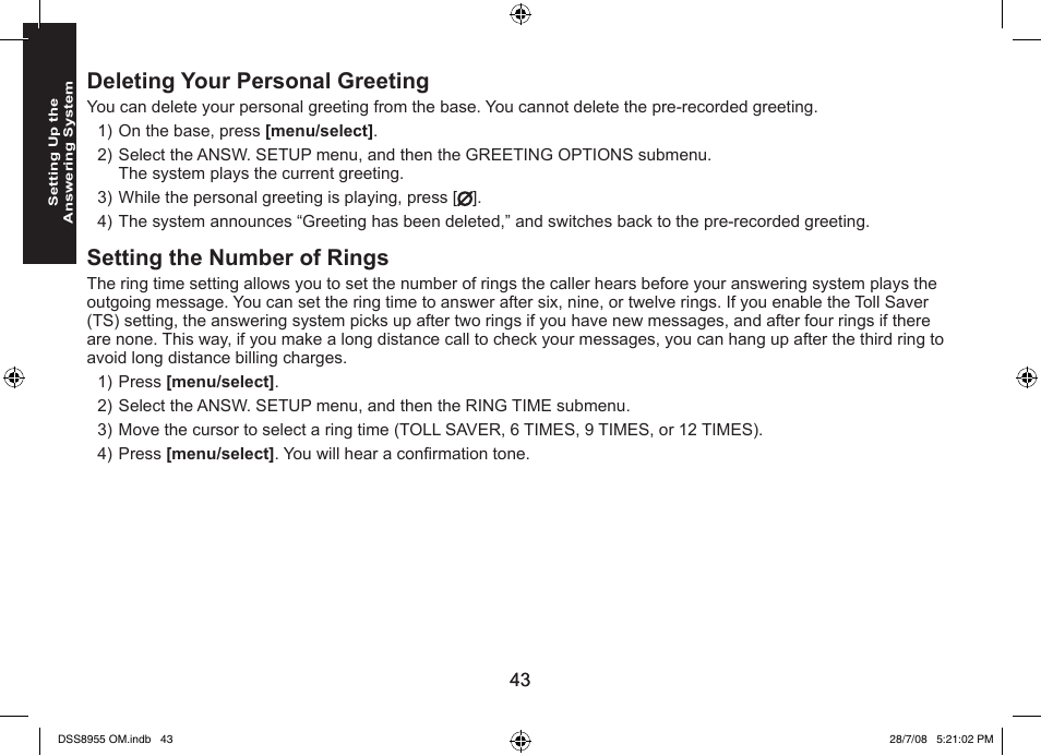 Deleting your personal greeting, Setting the number of rings | Uniden DSS8955+3 User Manual | Page 44 / 68
