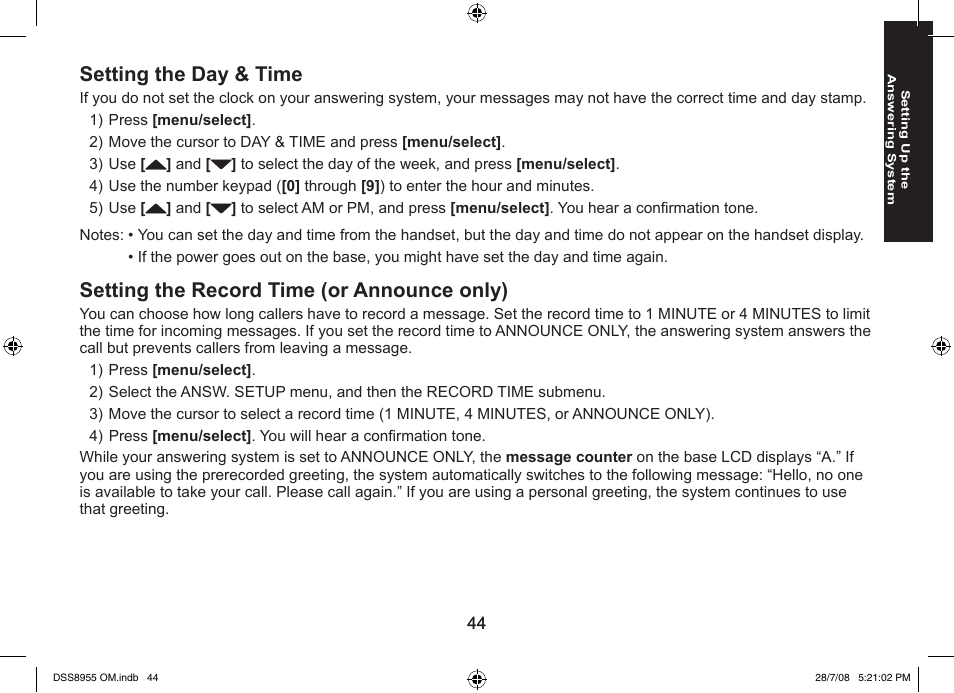 Setting the day & time, Setting the record time (or announce only) | Uniden DSS8955+3 User Manual | Page 45 / 68