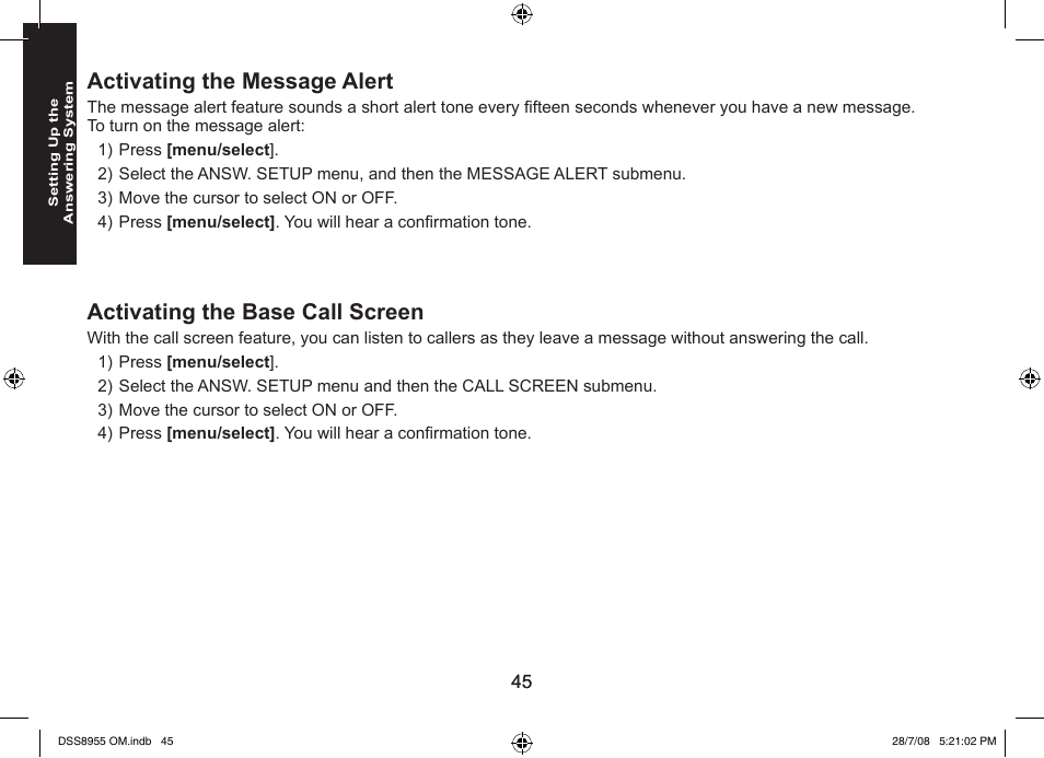 Activating the message alert, Activating the base call screen | Uniden DSS8955+3 User Manual | Page 46 / 68