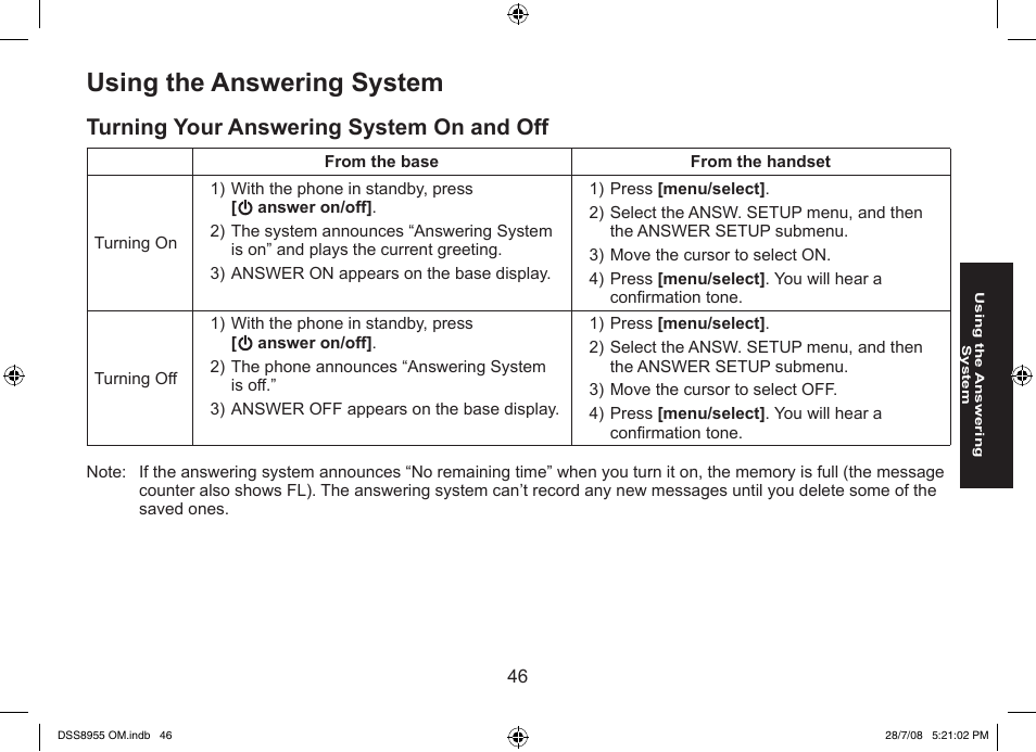 Using the answering system, Turning your answering system on and off | Uniden DSS8955+3 User Manual | Page 47 / 68