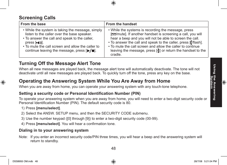 Screening calls, Turning off the message alert tone | Uniden DSS8955+3 User Manual | Page 49 / 68