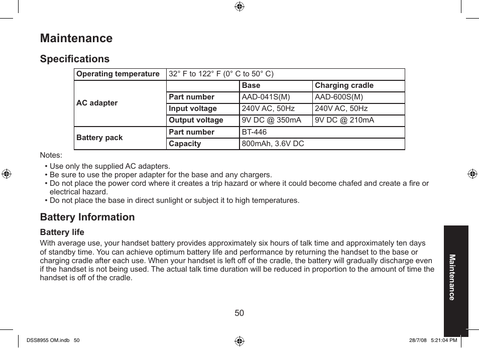 Maintenance, Specifications, Battery information | Uniden DSS8955+3 User Manual | Page 51 / 68