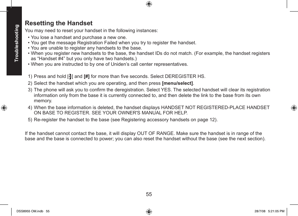 Resetting the handset | Uniden DSS8955+3 User Manual | Page 56 / 68