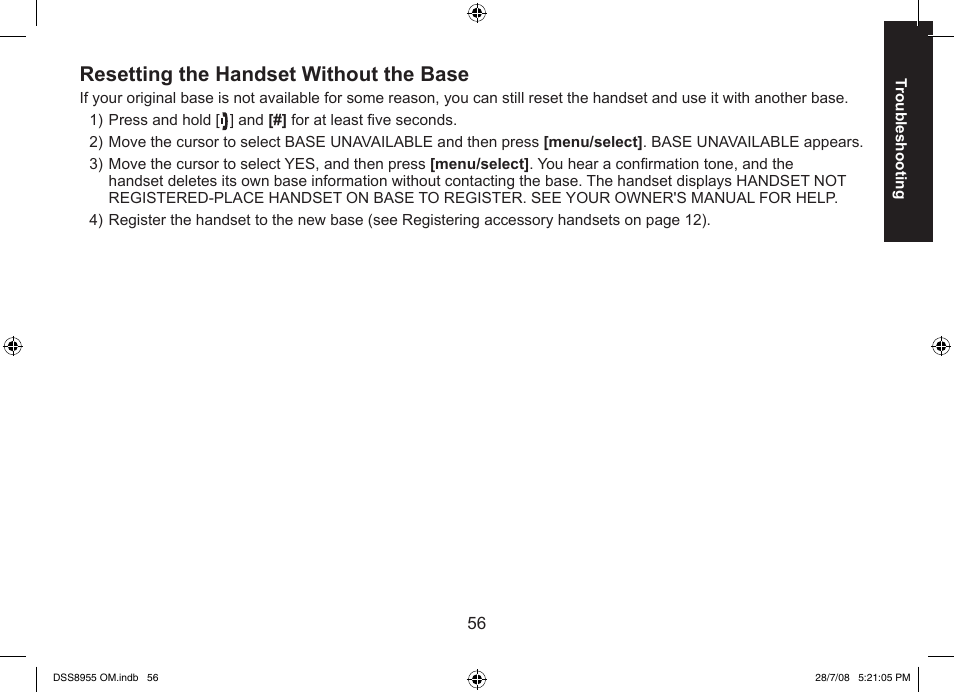 Resetting the handset without the base | Uniden DSS8955+3 User Manual | Page 57 / 68