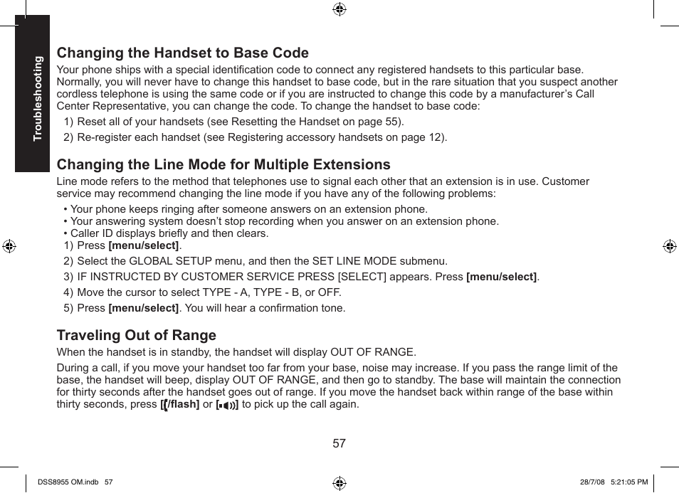 Changing the handset to base code, Changing the line mode for multiple extensions, Traveling out of range | Uniden DSS8955+3 User Manual | Page 58 / 68