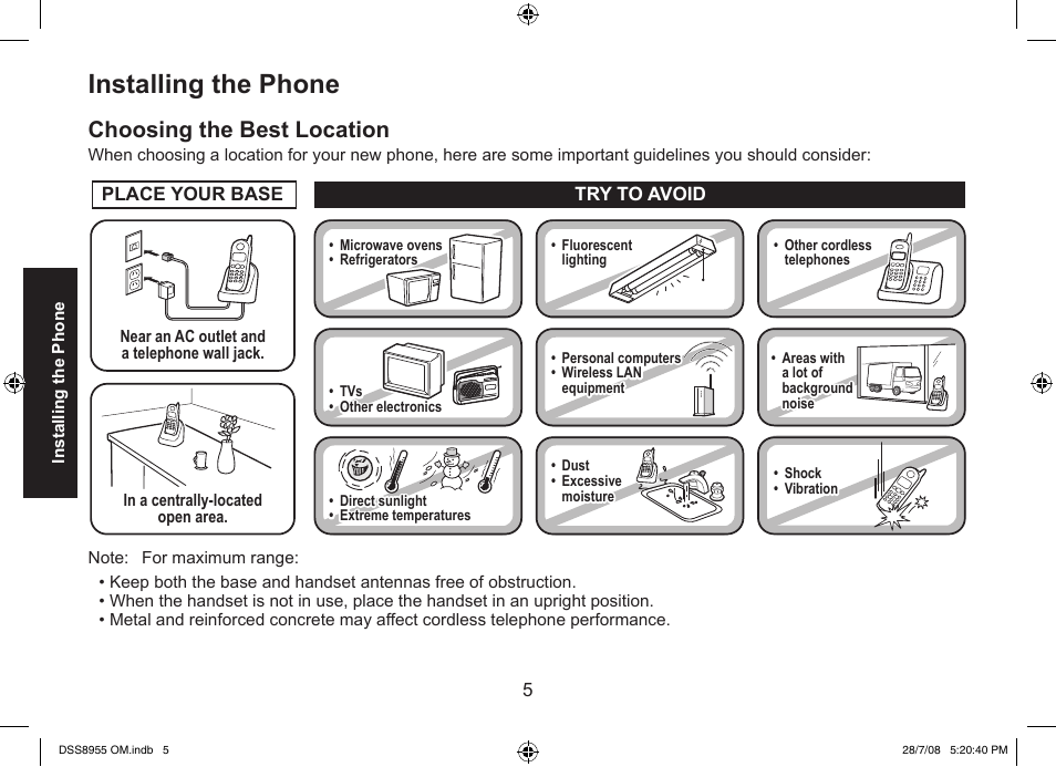 Installing the phone, Choosing the best location | Uniden DSS8955+3 User Manual | Page 6 / 68