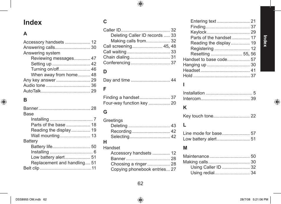 Index | Uniden DSS8955+3 User Manual | Page 63 / 68