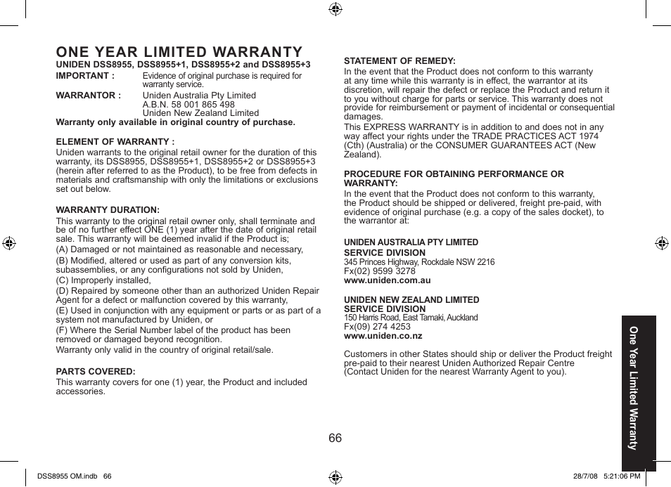 One year limited warranty | Uniden DSS8955+3 User Manual | Page 67 / 68