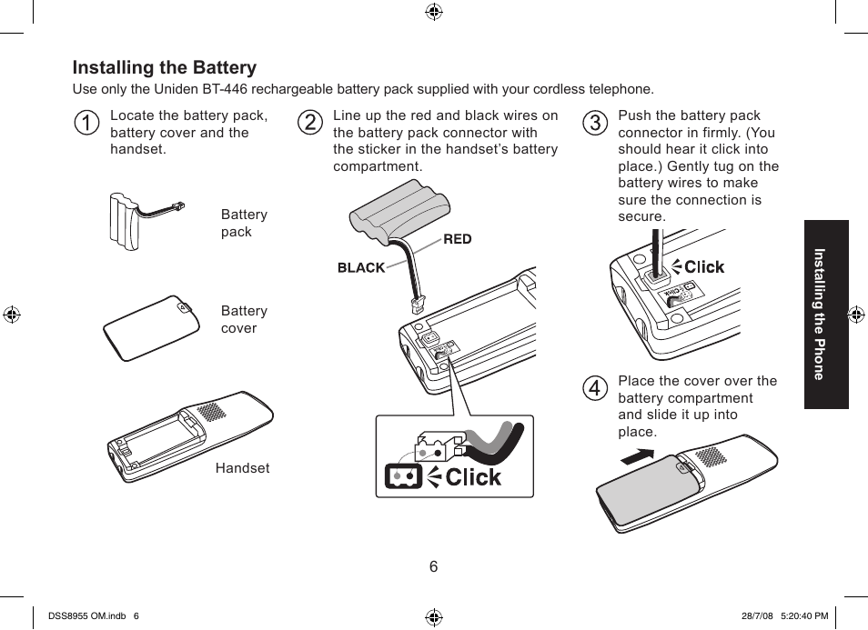 Installing the battery | Uniden DSS8955+3 User Manual | Page 7 / 68