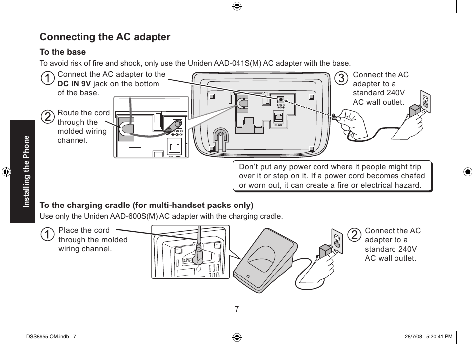 Connecting the ac adapter | Uniden DSS8955+3 User Manual | Page 8 / 68