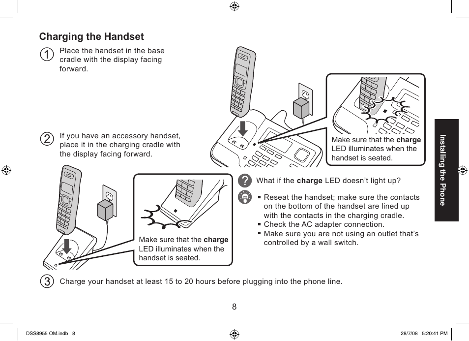 Charging the handset | Uniden DSS8955+3 User Manual | Page 9 / 68