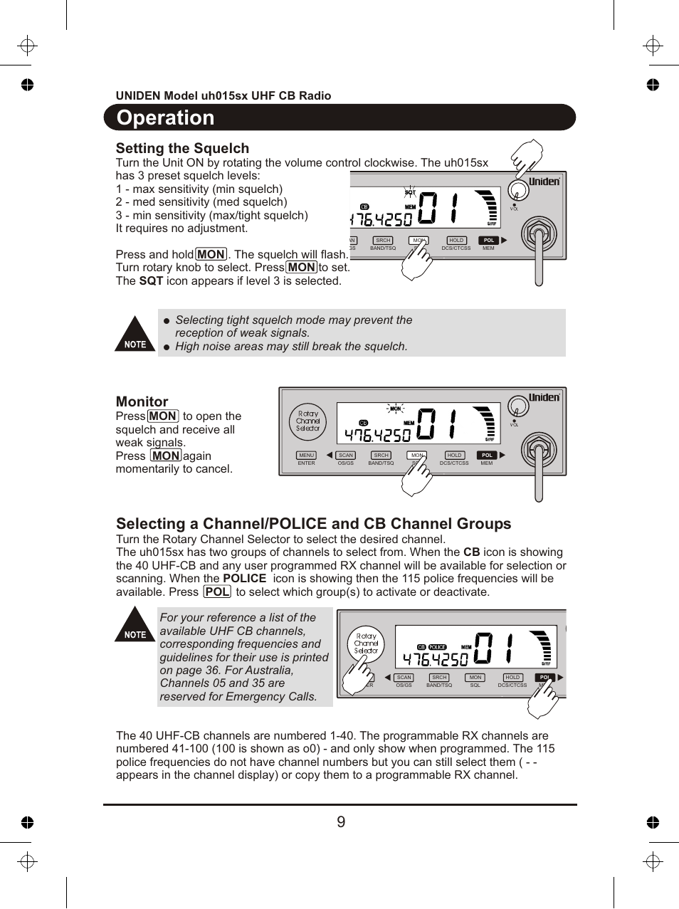 Operation, Selecting a channel/police and cb channel groups, Setting the squelch | Monitor | Uniden UH015sx User Manual | Page 10 / 40