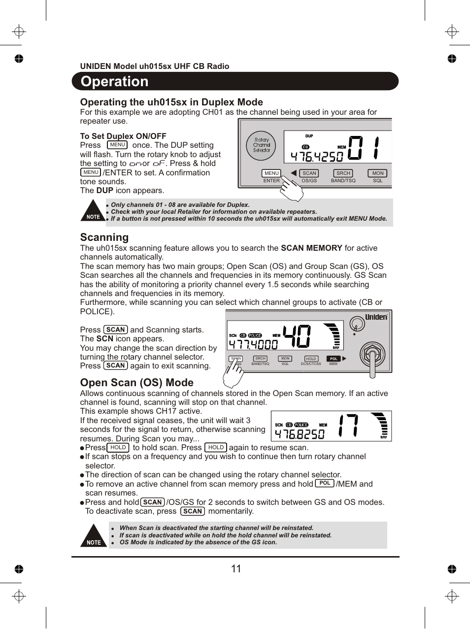 Operation, Scanning, Open scan (os) mode | Operating the uh015sx in duplex mode | Uniden UH015sx User Manual | Page 12 / 40