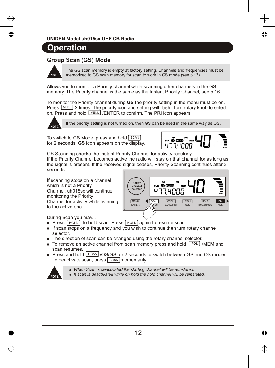 Operation, Group scan (gs) mode | Uniden UH015sx User Manual | Page 13 / 40
