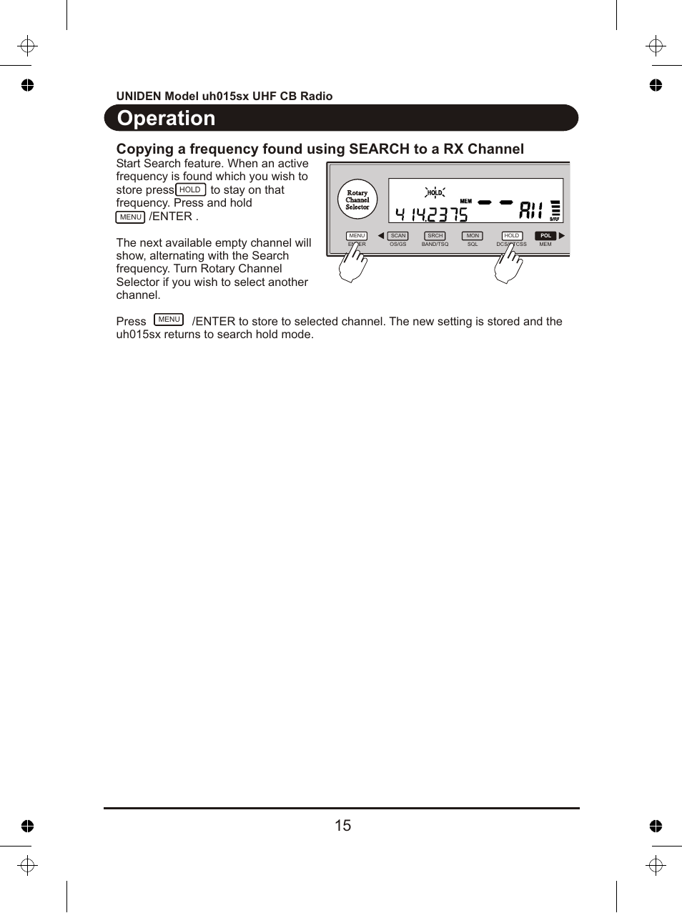 Operation, Uniden model uh015sx uhf cb radio | Uniden UH015sx User Manual | Page 16 / 40