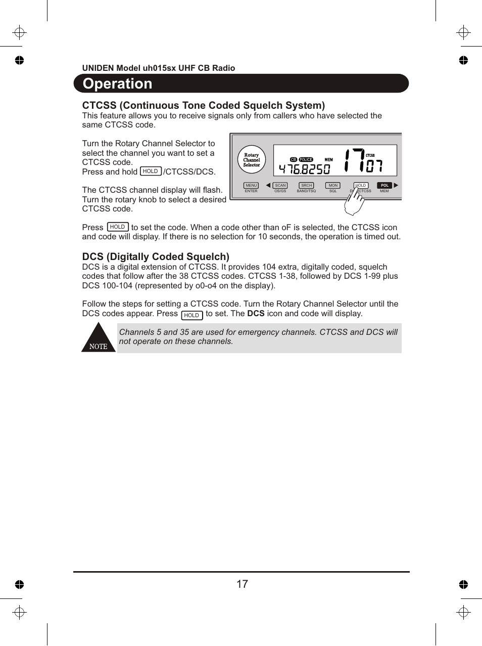 Operation, Ctcss (continuous tone coded squelch system), Dcs (digitally coded squelch) | Uniden UH015sx User Manual | Page 18 / 40