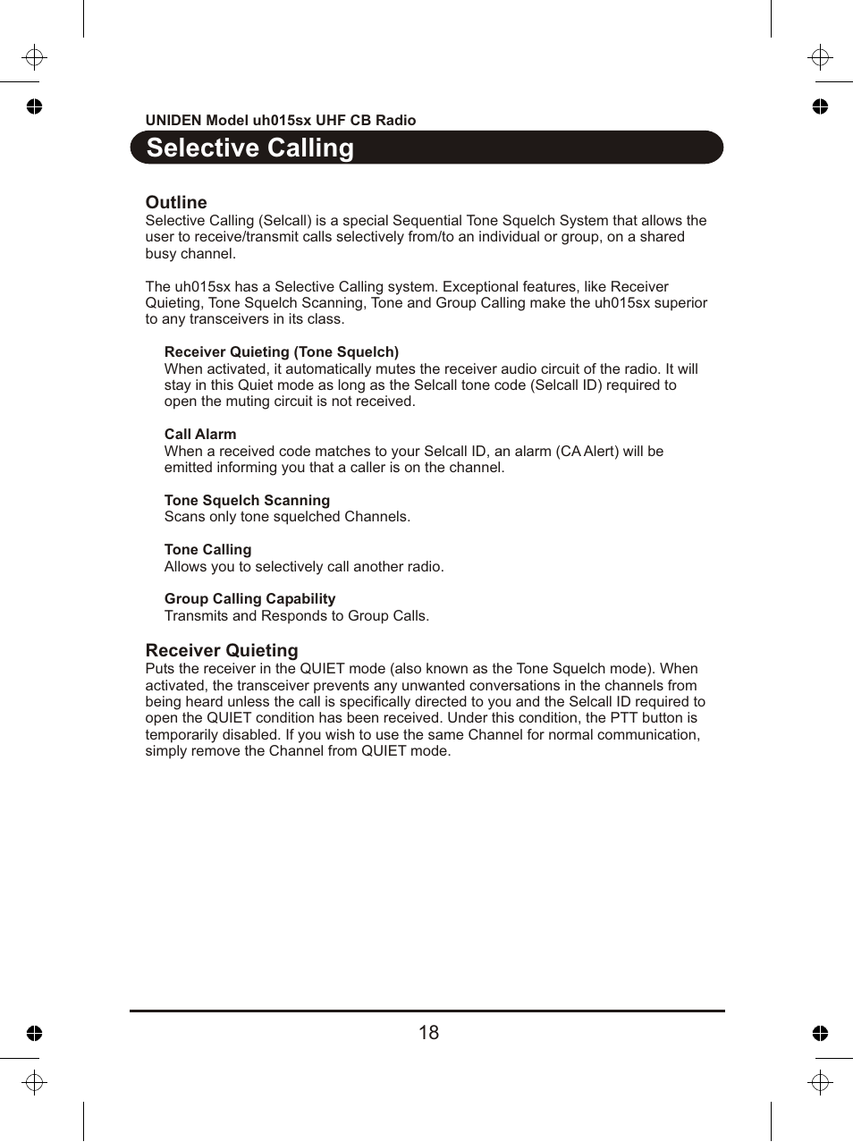 Selective calling | Uniden UH015sx User Manual | Page 19 / 40