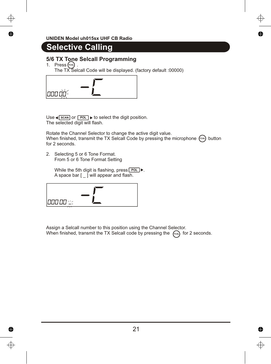 Selective calling, 5/6 tx tone selcall programming | Uniden UH015sx User Manual | Page 22 / 40