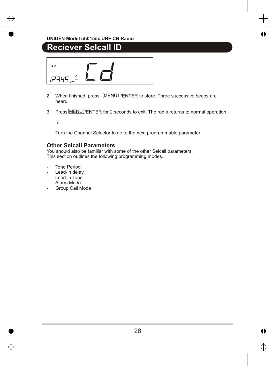 Reciever selcall id | Uniden UH015sx User Manual | Page 27 / 40