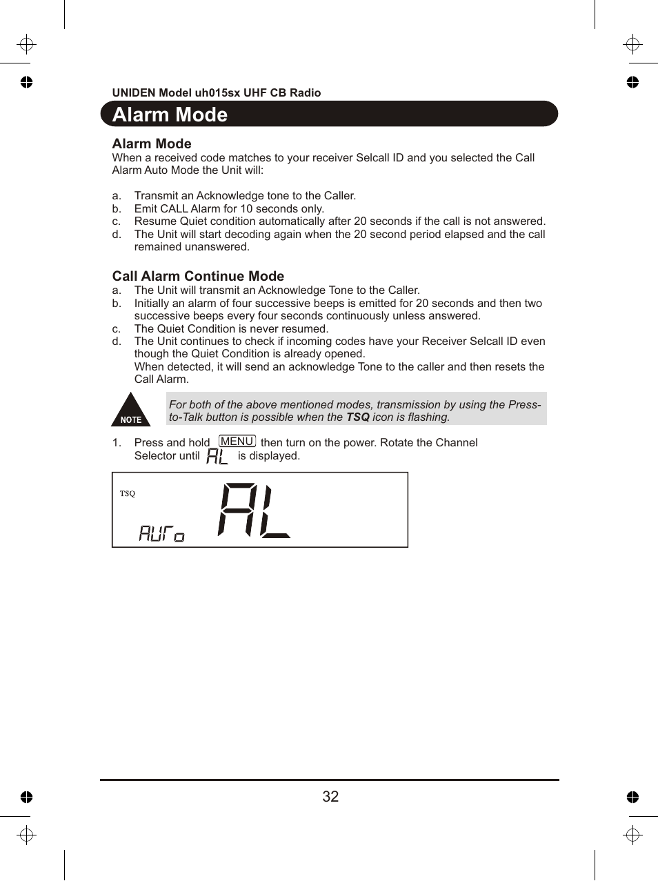 Alarm mode | Uniden UH015sx User Manual | Page 33 / 40
