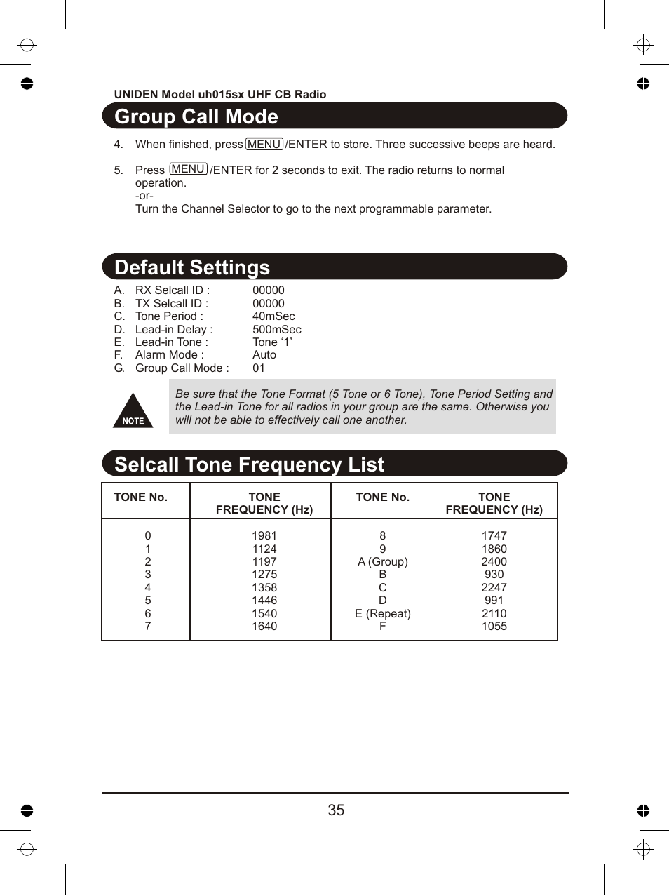 Group call mode, Default settings selcall tone frequency list | Uniden UH015sx User Manual | Page 36 / 40