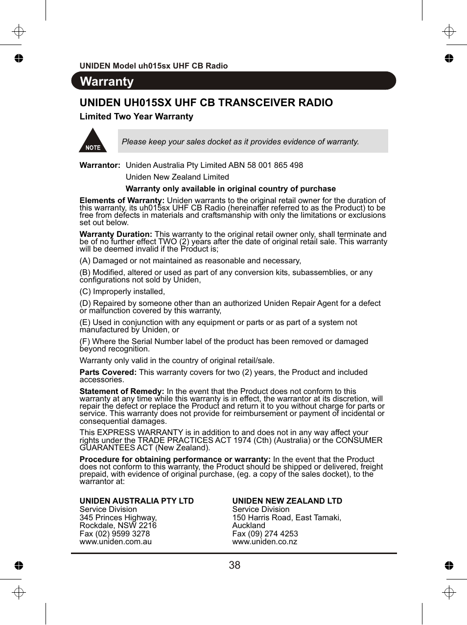 Warranty, Uniden uh015sx uhf cb transceiver radio | Uniden UH015sx User Manual | Page 39 / 40