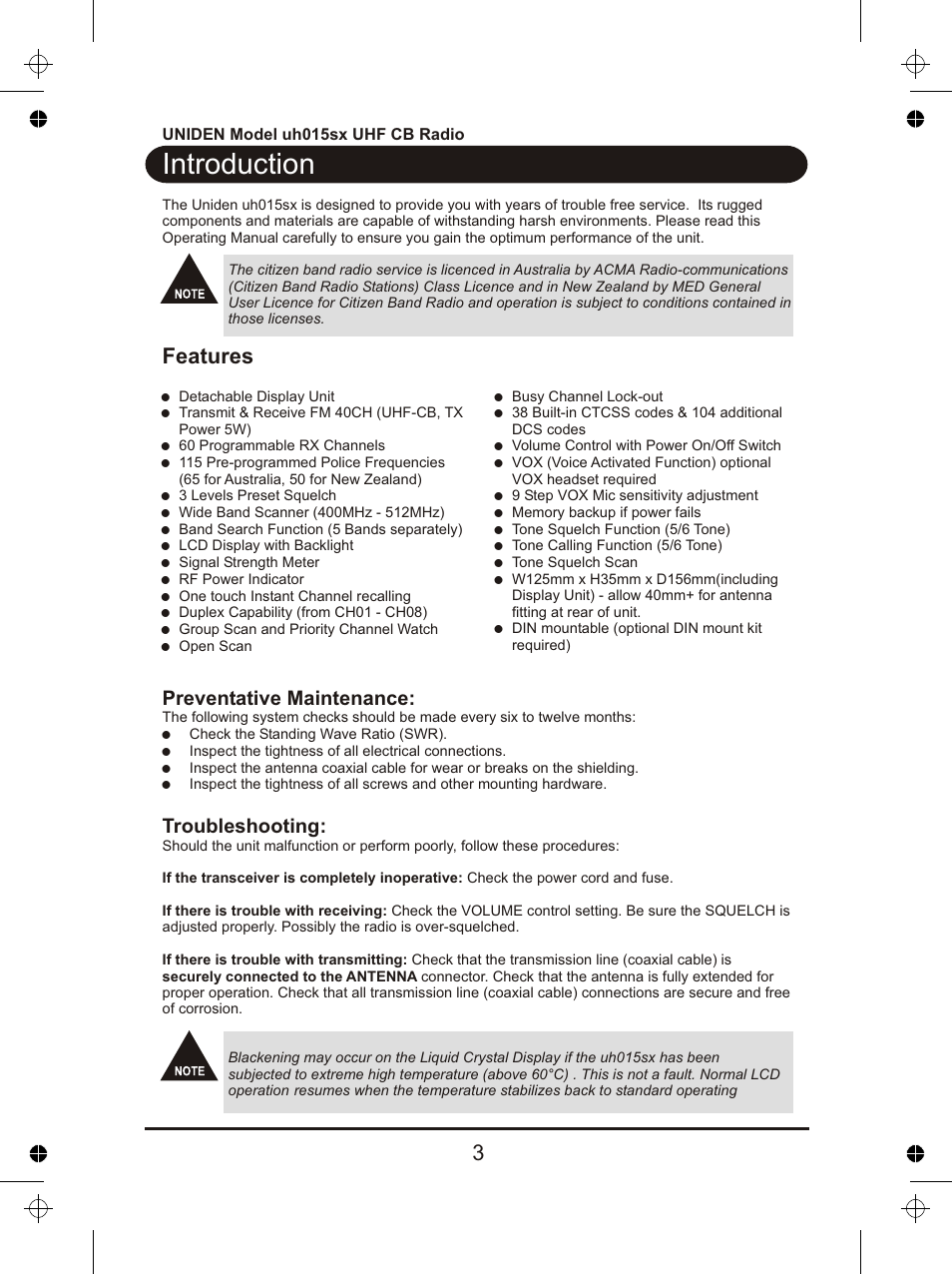 Introduction, Features | Uniden UH015sx User Manual | Page 4 / 40