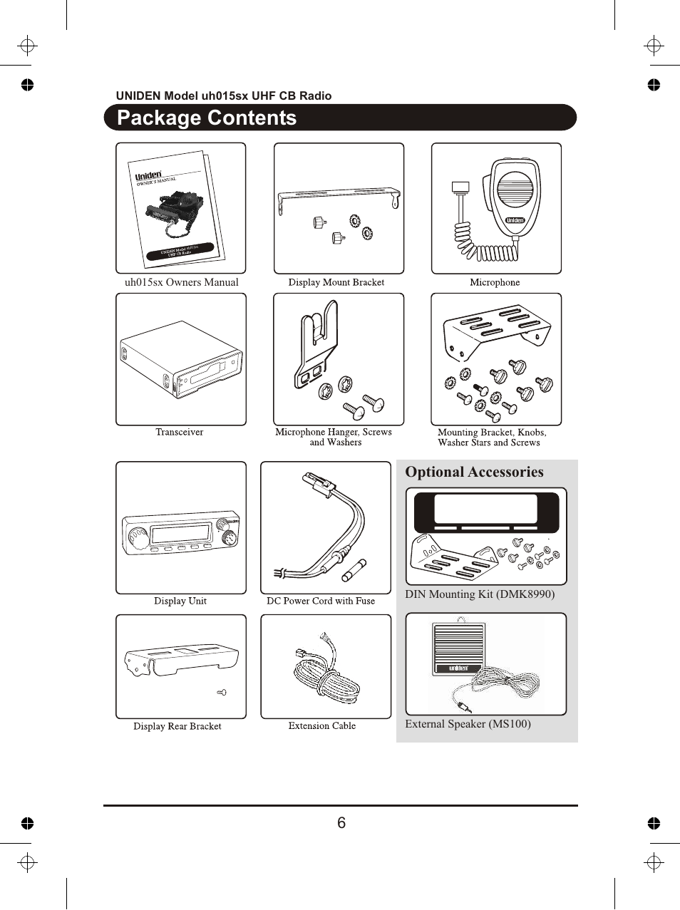 Package contents, Optional accessories | Uniden UH015sx User Manual | Page 7 / 40