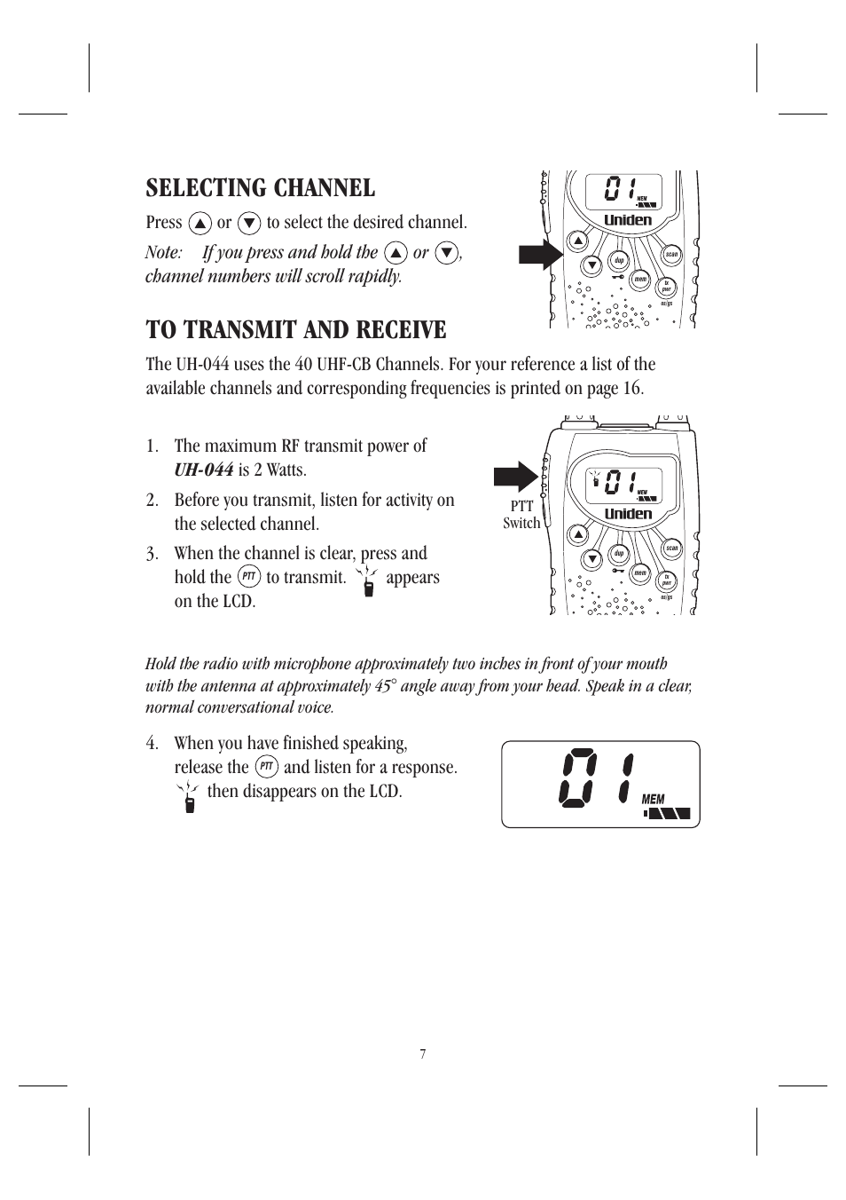 Selecting channel | Uniden UH044SX User Manual | Page 10 / 28